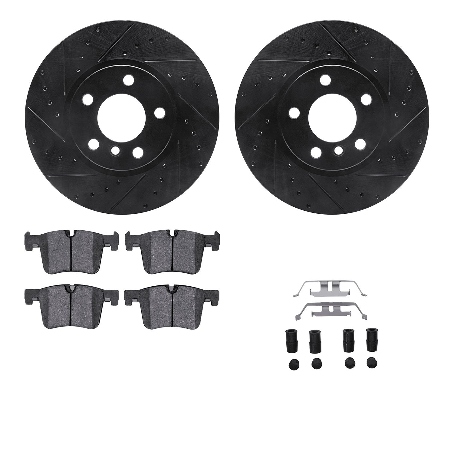 8512-31111 Drilled/Slotted Brake Rotors w/5000 Advanced Brake Pads Kit & Hardware [Black], 2015-2018 BMW, Position: Front