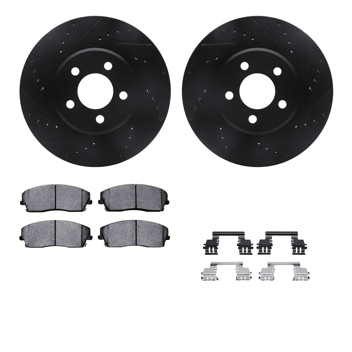 8512-39005 Drilled/Slotted Brake Rotors w/5000 Advanced Brake Pads Kit & Hardware [Black], Fits Select Mopar, Position: Front