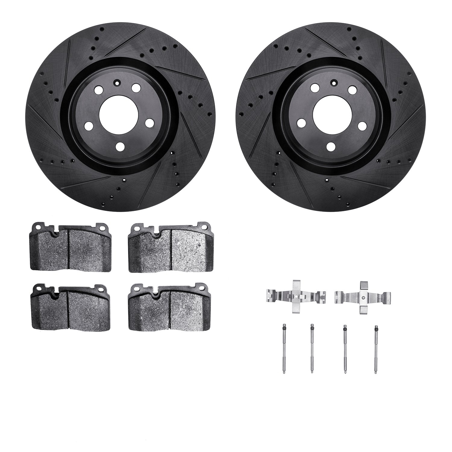 8512-73094 Drilled/Slotted Brake Rotors w/5000 Advanced Brake Pads Kit & Hardware [Black], 2013-2020 Multiple Makes/Models, Posi