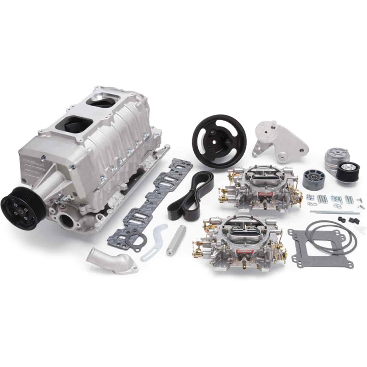 E-Force Enforcer RPM Dual Quad Satin Supercharger Kit for Small Block Chevy with Vortec Heads Includes Carburetors