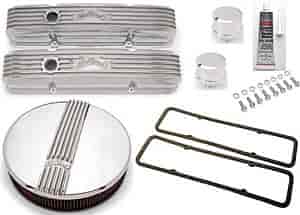 Classic Finned Valve Covers and Air Filter Kit for 1959-1986 Small Block Chevy 262-400 with Polished Finish