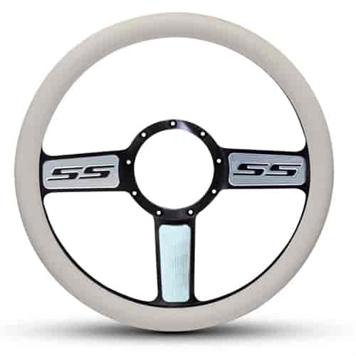 15 in. SS Logo Steering Wheel - Black Spokes with Machined Highlights, White Grip