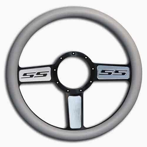 15 in. SS Logo Steering Wheel - Black Spokes with Machined Highlights, Grey Grip