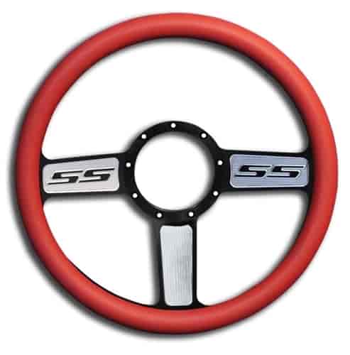 15 in. SS Logo Steering Wheel - Black Spokes with Machined Highlights, Red Grip