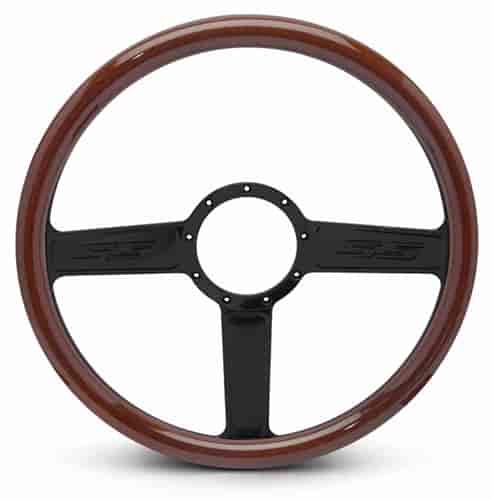 15 in. SS Logo Steering Wheel - Gloss Black Spokes, Woodgrain Grip