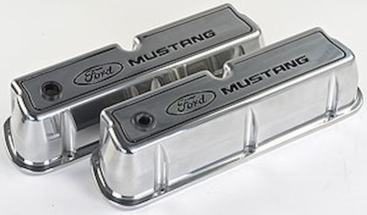 Die-Cast Aluminum Tall Valve Covers for Small Block Ford 289-302-351W in Polished Finish with Ford Mustang Emblem