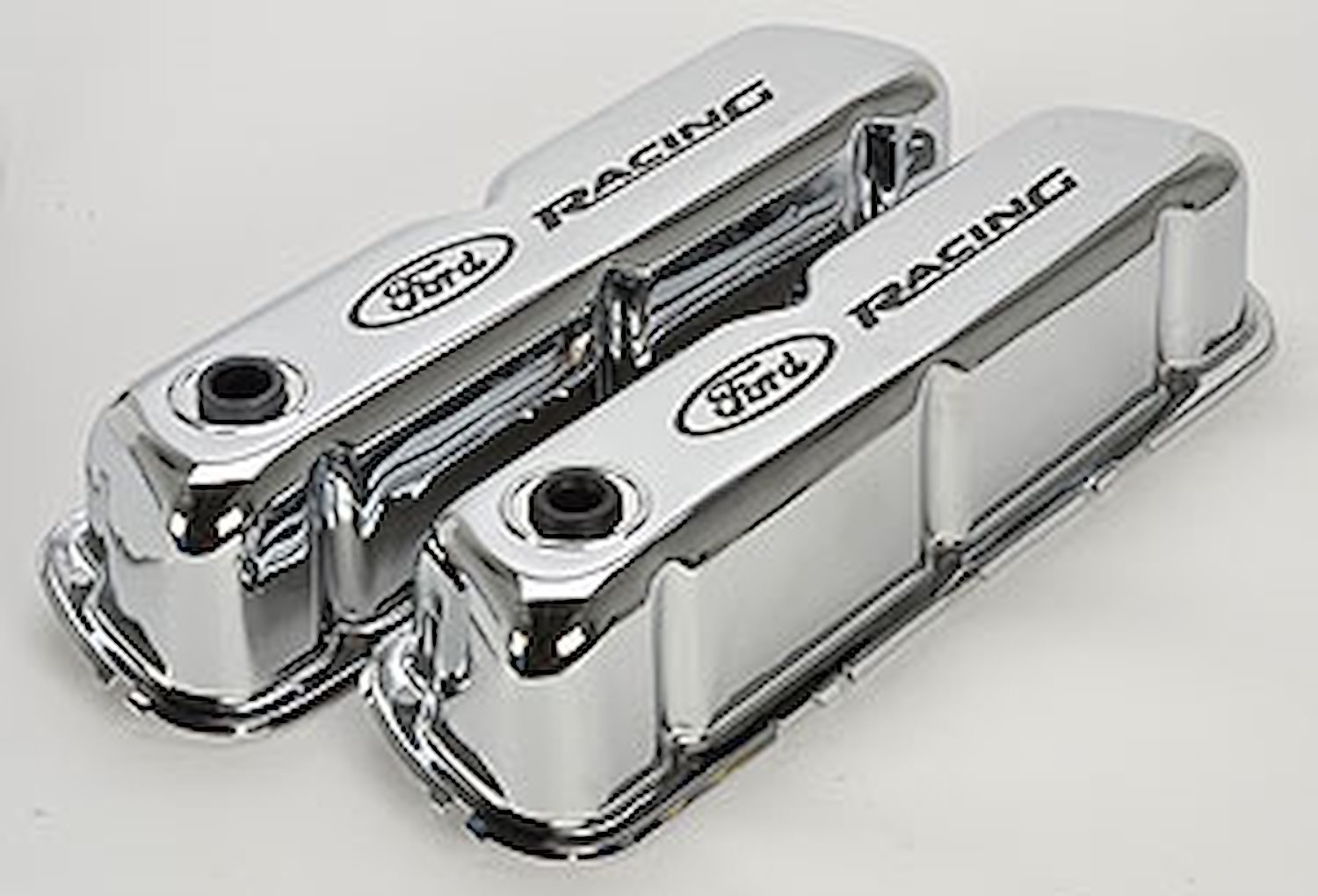 Stamped Steel Tall Valve Covers for Small Block Ford 289-302-351W in Chrome Finish with Black Ford Racing Emblem