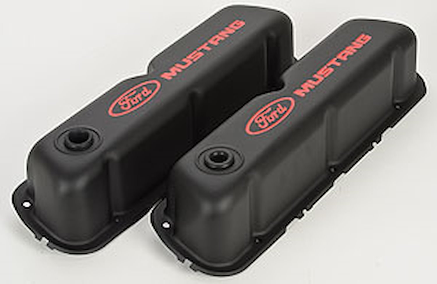 Stamped Steel Tall Valve Covers for Small Block Ford 289-302-351W in Black Crinkle Finish with Red Ford Mustang Emblem