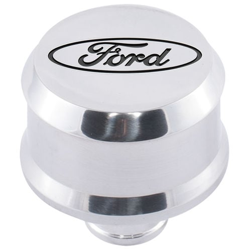 Push-In Aluminum Valve Cover Air Breather Cap with Recessed Black Oval Ford Emblem in Polished Finish