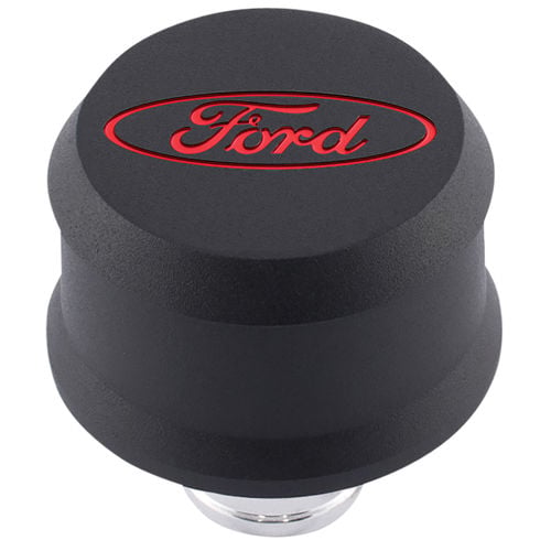 Push-In Aluminum Valve Cover Air Breather Cap with Recessed Red Oval Ford Emblem in Black Crinkle Finish