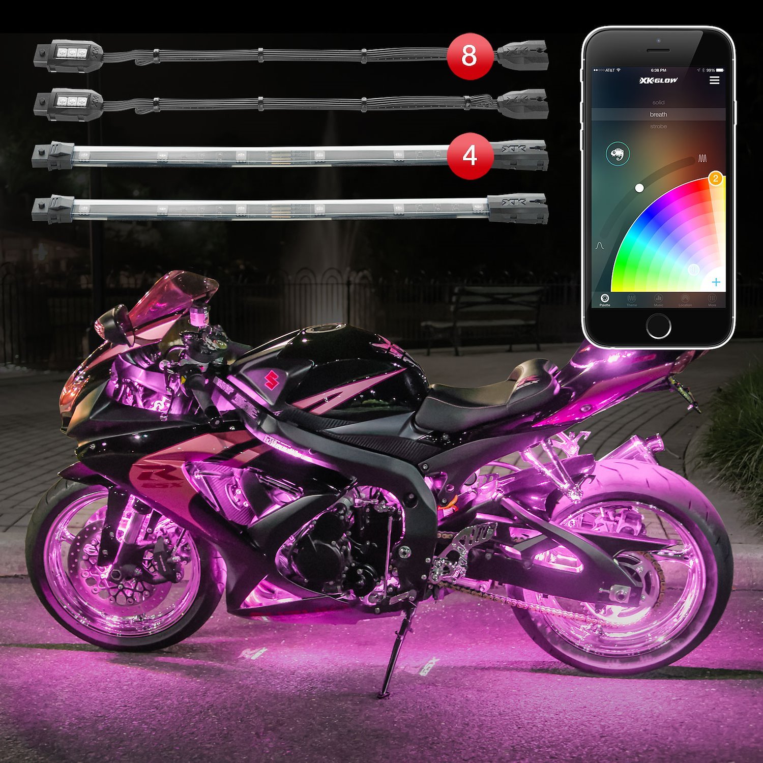 KS-MOTO-STANDARD 8 x Pod + 4 x 10 in. Strip Million Color XKCHROME ATV/Motorcycle LED Light Kit, Universal Fit