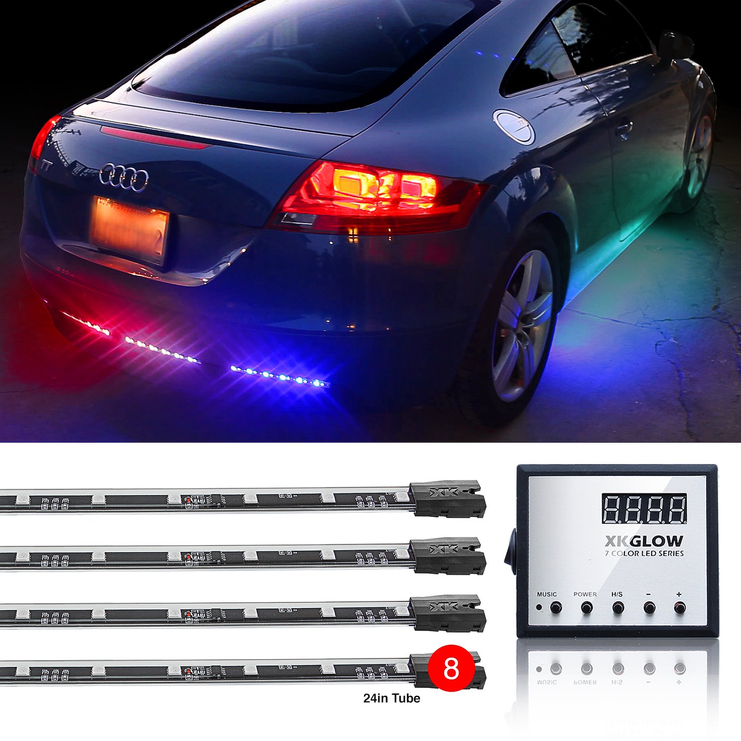 XK041006 8 x 24 in. Tubes 3-Million Color XKGLOW LED Accent Light Car/Truck Kit, Universal Fit