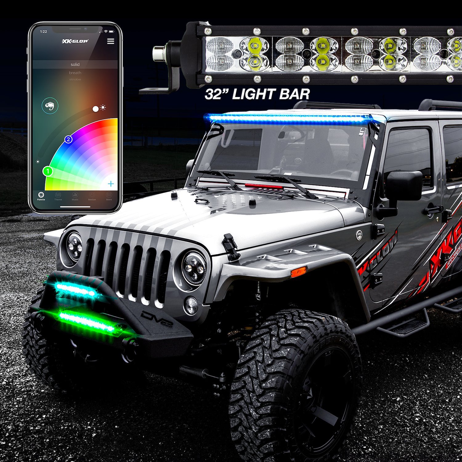 XK-BAR-32 32 in. RGBW Light Bar, High-Power Offroad Work/Hunting Light, w/Built-in XKCHROME Bluetooth Controller, Universal Fit