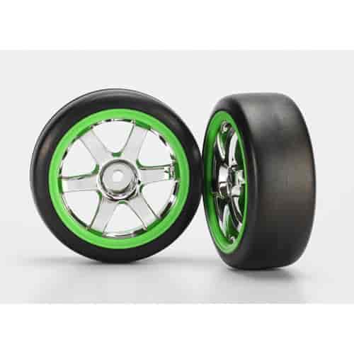 Tires and wheels assembled glued Volk Racing TE37 chrome/green wheels 1.9 Gymkhana slick tires 2