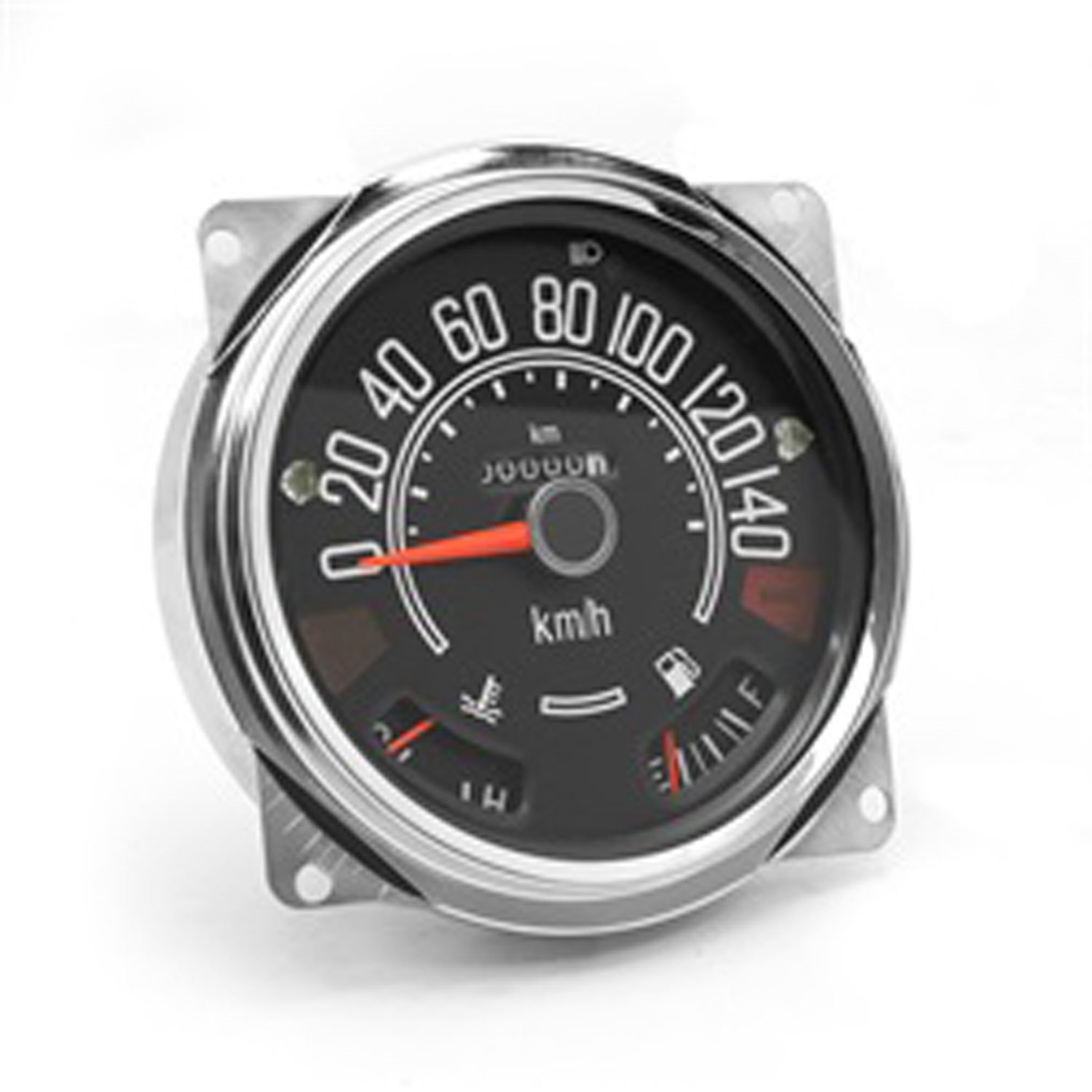 This reproduction 0-140 KPH speedometer cluster from Omix-ADA includes fuel and temperature gauges.