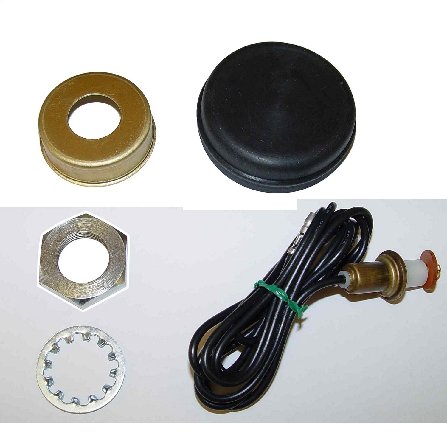 Replacement horn button kit from Omix-ADA, Fits 60-75 Jeep CJ5 and CJ6 kit includes horn button wiring and nut.
