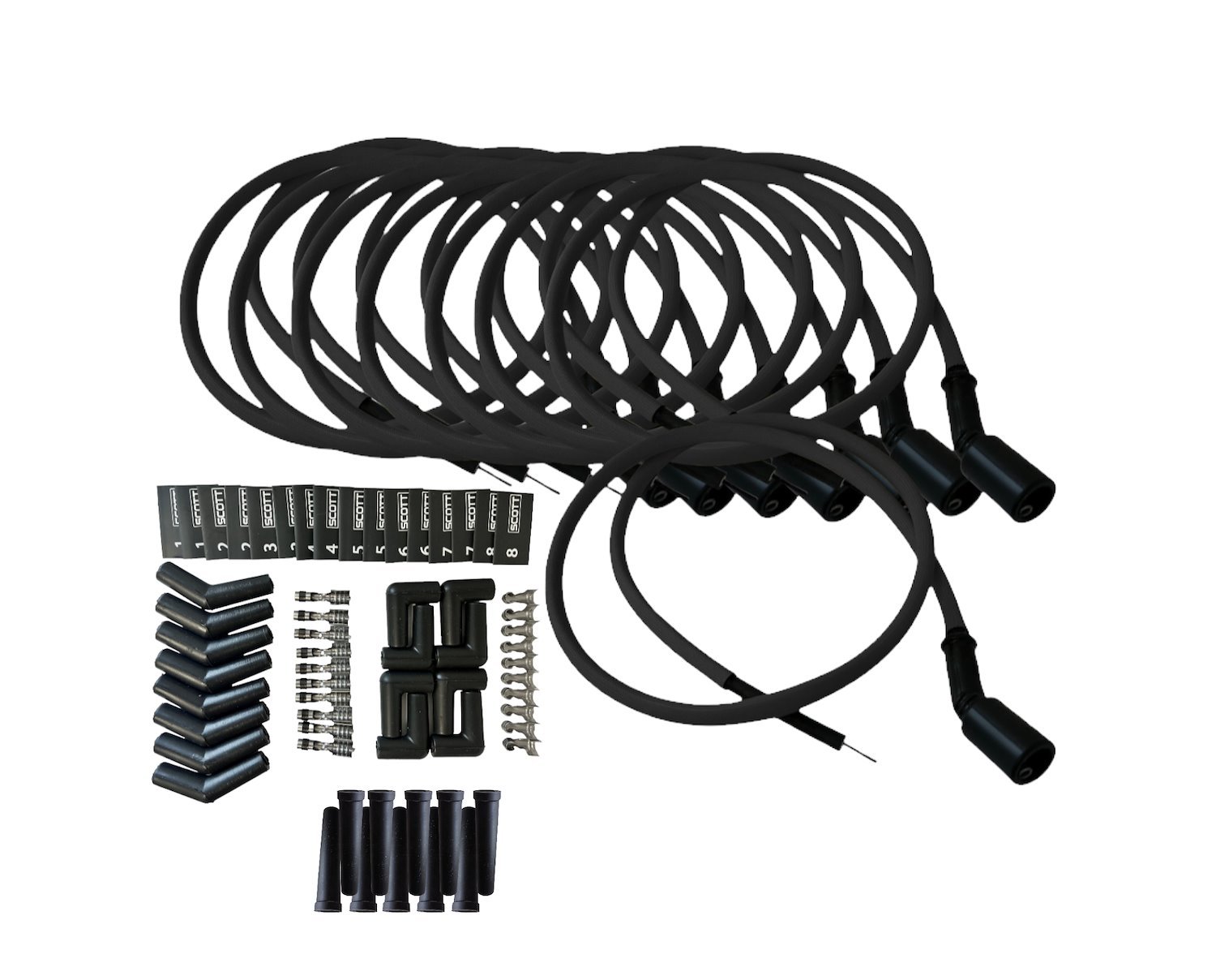 SPW300-PS-LSRELO-1 DIY Super Mag Fiberglass-Oversleeved Spark Plug Wire Set, 45-Degree GM LS Coil [Black]