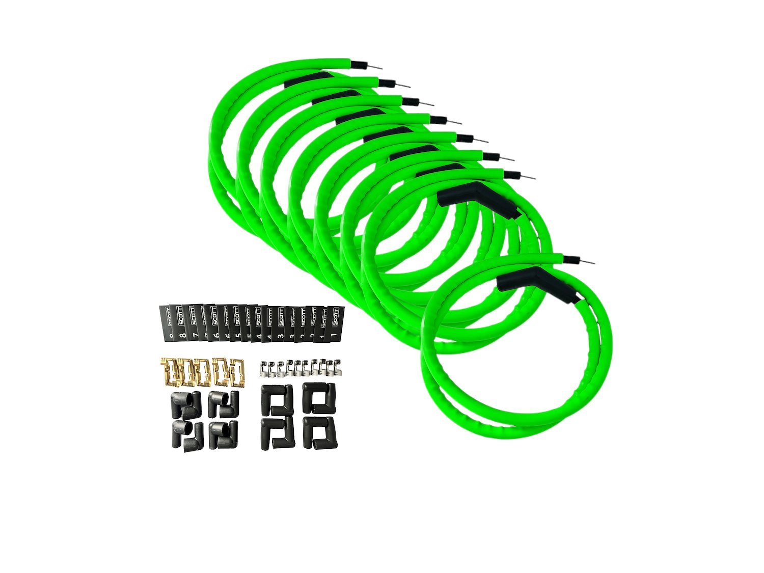 SPW-CH-K45-8 DIY High-Performance Silicone-Sleeved Spark Plug Wire Set, 45-Degree Boot [Fluorescent Green]