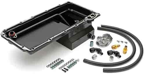 LS Swap Oil Pan/Filter Combo Kit for Chevelle, GM F-Body, GM X-Body [Single Filter, Vertical Port, Black Pan]