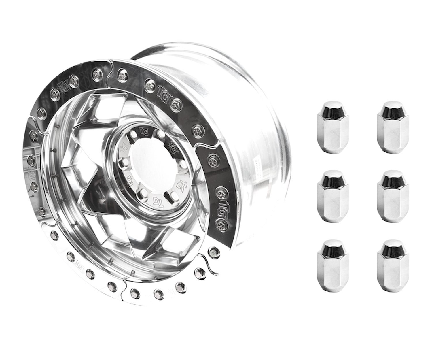 17 Aluminum Beadloclk Wheel 6 on 5.5 w 3.75 BS Polished Segmented Ring with lug nuts