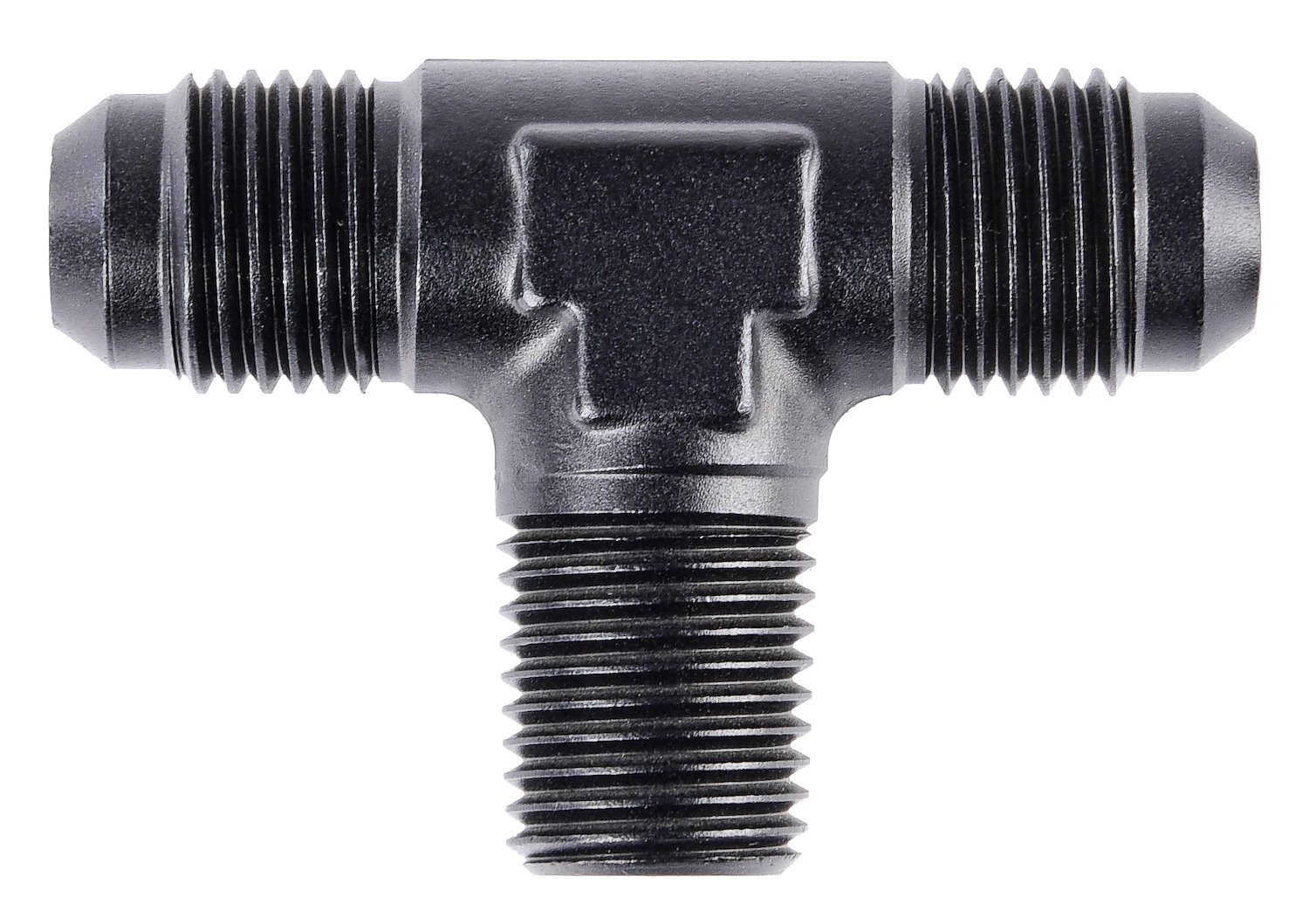 AN to NPT Tee Adapter Fitting [-6 AN Male to -6 AN Male on Run, 1/4 in. NPT Male Center Port, Black]