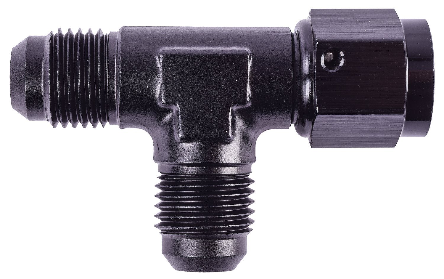 AN to AN Tee Adapter Fitting [-6 AN Female Swivel to -6 AN Male Run with -6 AN Male Center Port, Black]