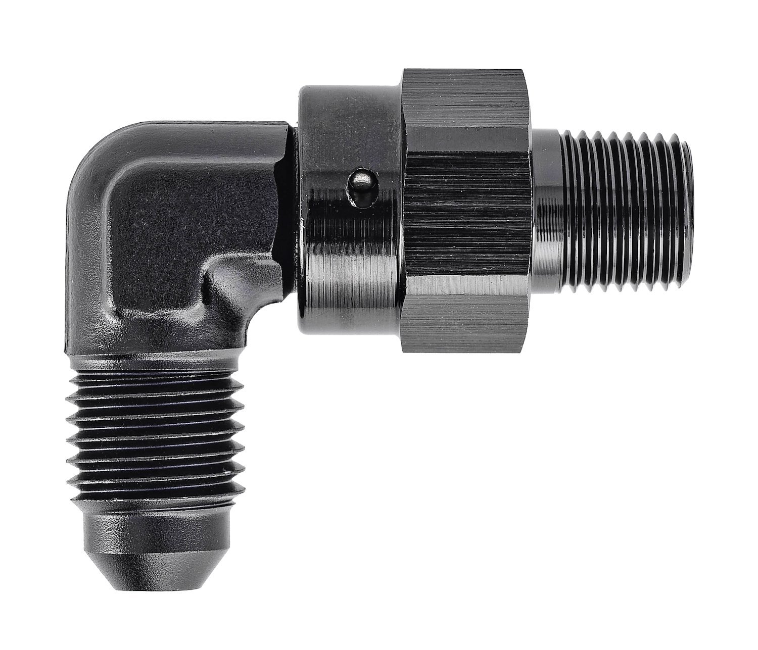 AN to NPT 90-Degree Max Flow Swivel Adapter Fitting [1/8 in. NPT Male to -4 AN Male, Black]