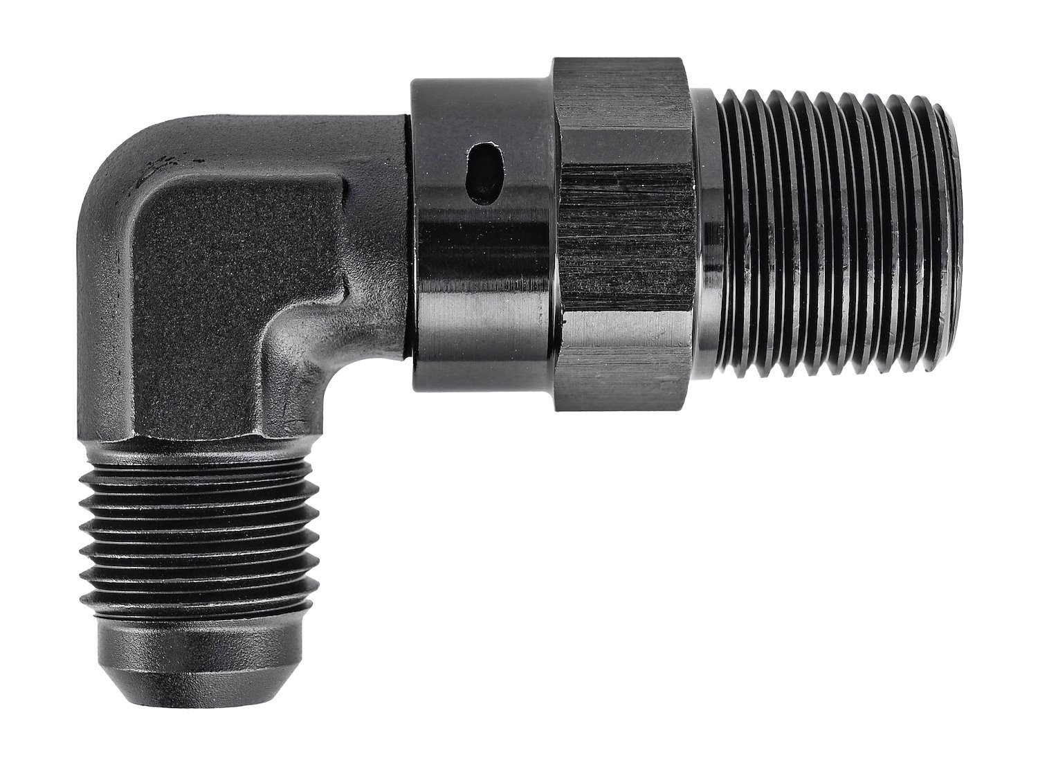 AN to NPT 90-Degree Max Flow Swivel Adapter Fitting [3/8 in. NPT Male to -6 AN Male, Black]