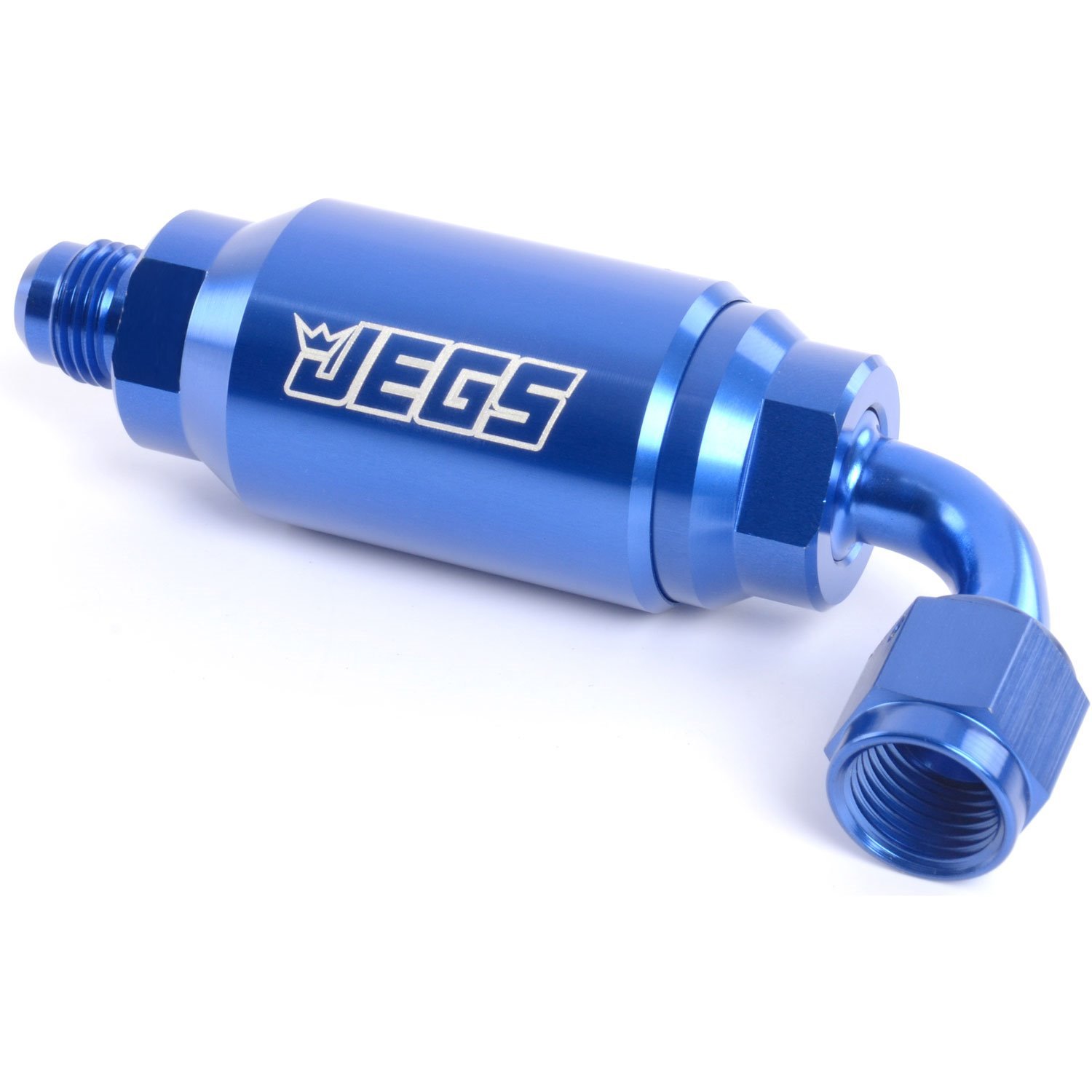 Compact Billet Aluminum In-Line Fuel Filter [-6 AN Male/90-Degree Female, Blue]
