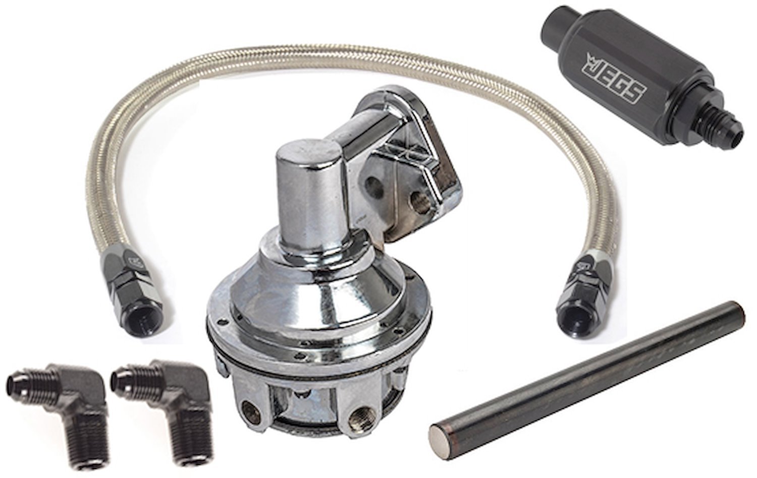 Mechanical Fuel Pump & Installation Kit for Small Block Chevy 265-283-327-350-400 [110 gph, Black Fittings]