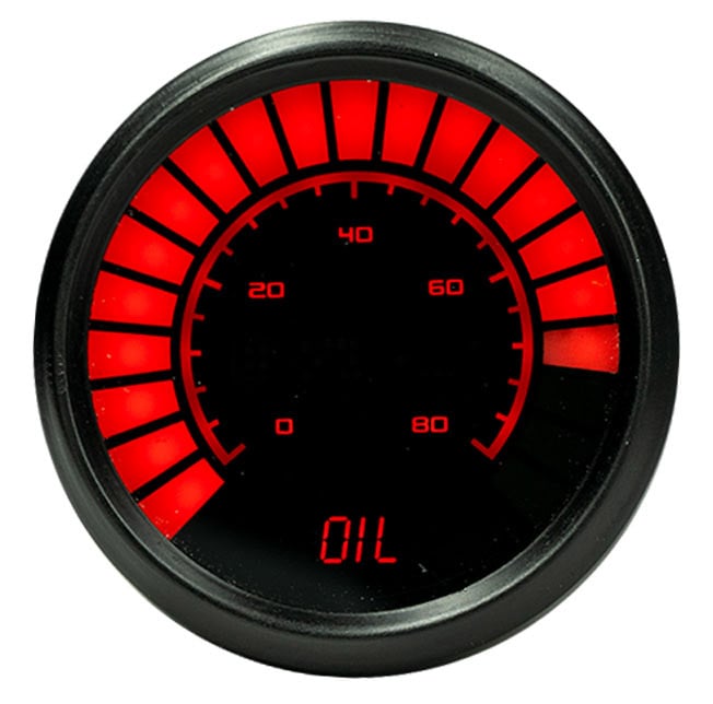 Oil Pressure Gauge LED Bar Graph [Black Bezel, Black Face, Red Numbers]
