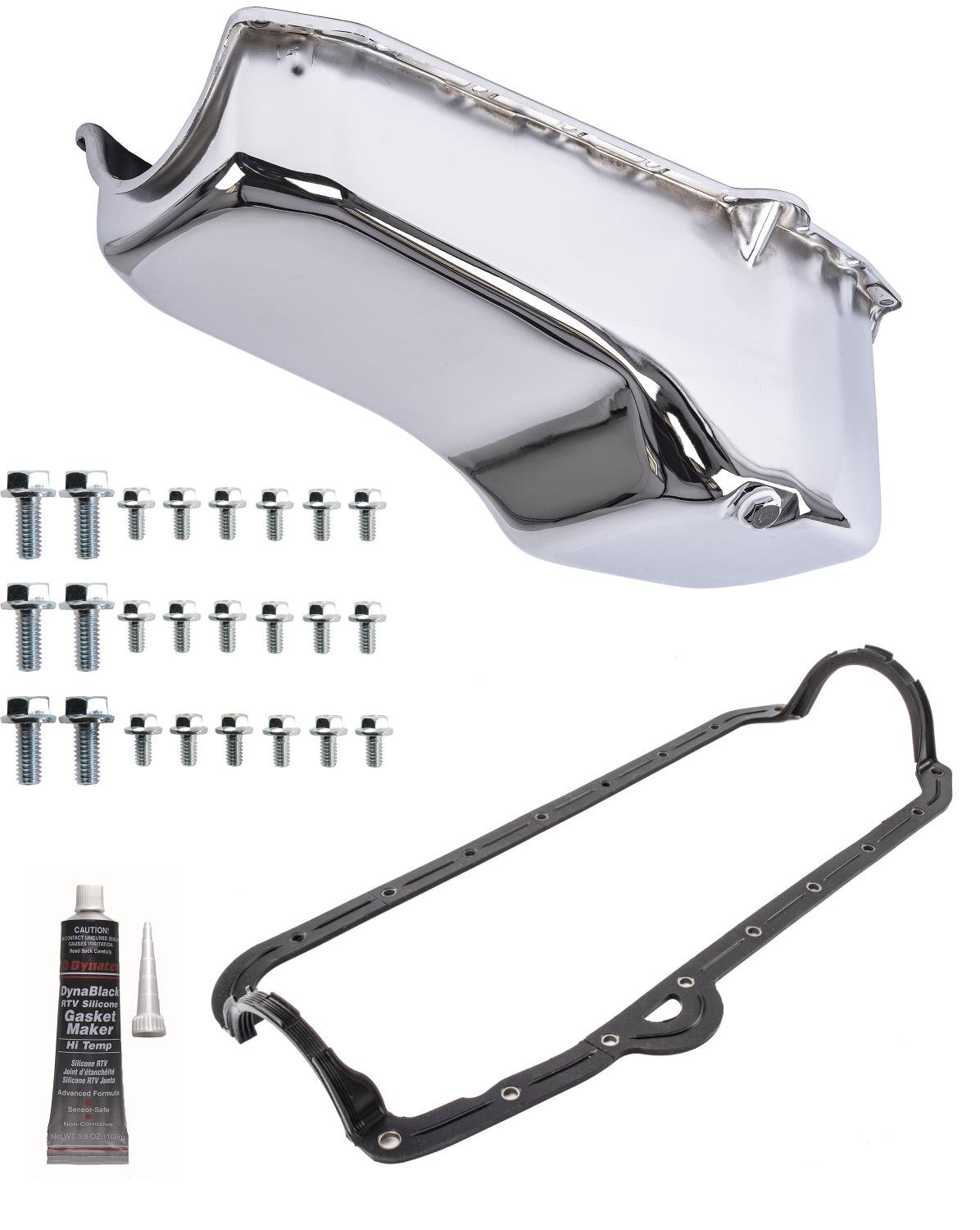 Stock-Style Replacement Oil Pan Kit without Oil Pump for 1955-1980 Small Block Chevy with Left/Driver Side Dip Stick [Chrome]