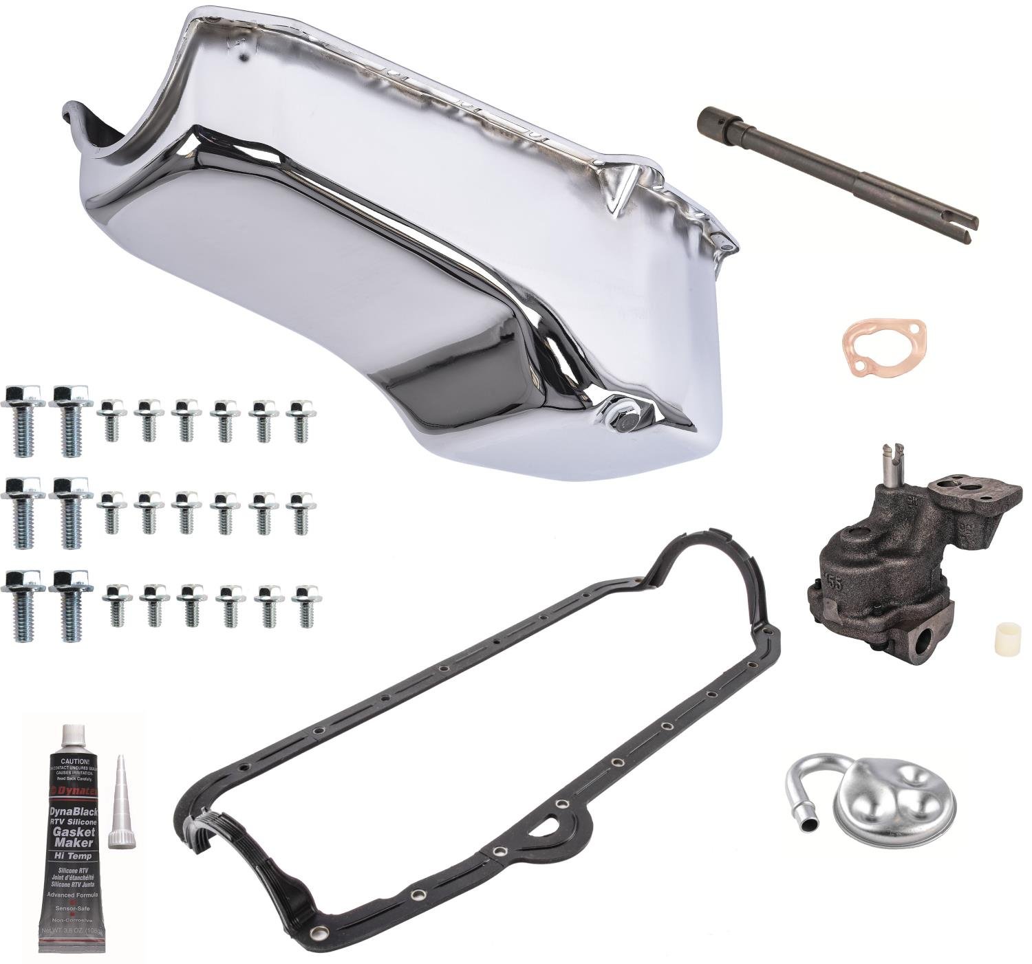 Stock-Style Replacement Oil Pan Kit with Oil Pump for 1955-1980 Small Block Chevy with Left/Driver Side Dip Stick [Chrome]