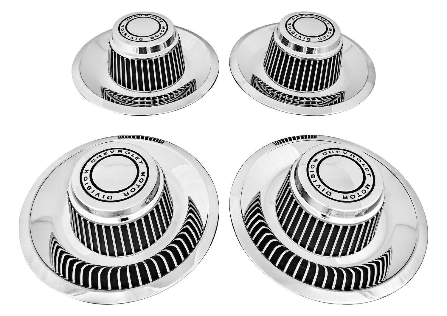 Rally Wheel Derby Style Wheel Center Caps with Chevrolet Motor Division [Stainless, Chrome, 4-PC]