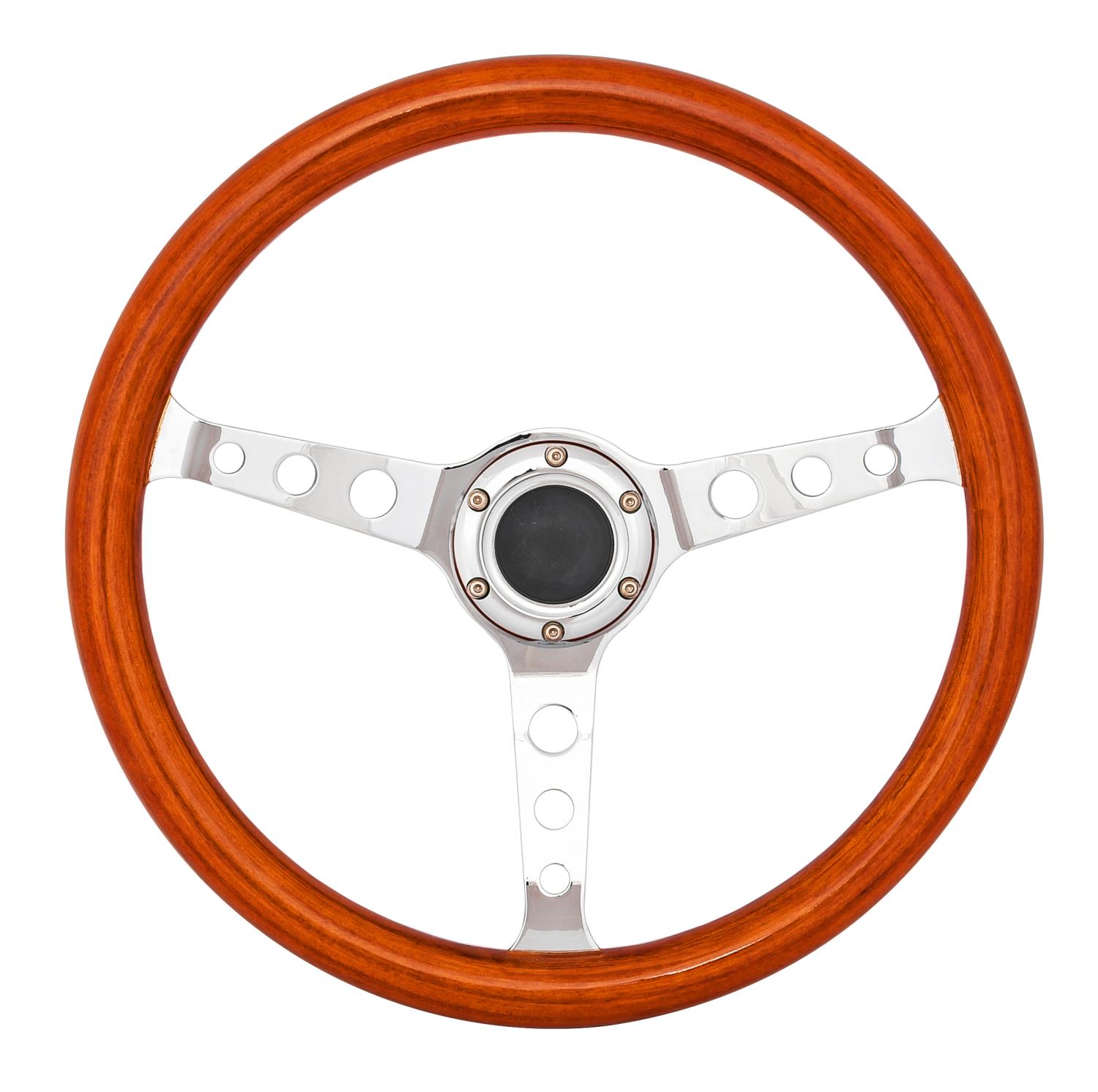 Classic Walnut Wood Grain Steering Wheel, Chrome Tri-Hole 3-Spoke [15 in. Diameter]