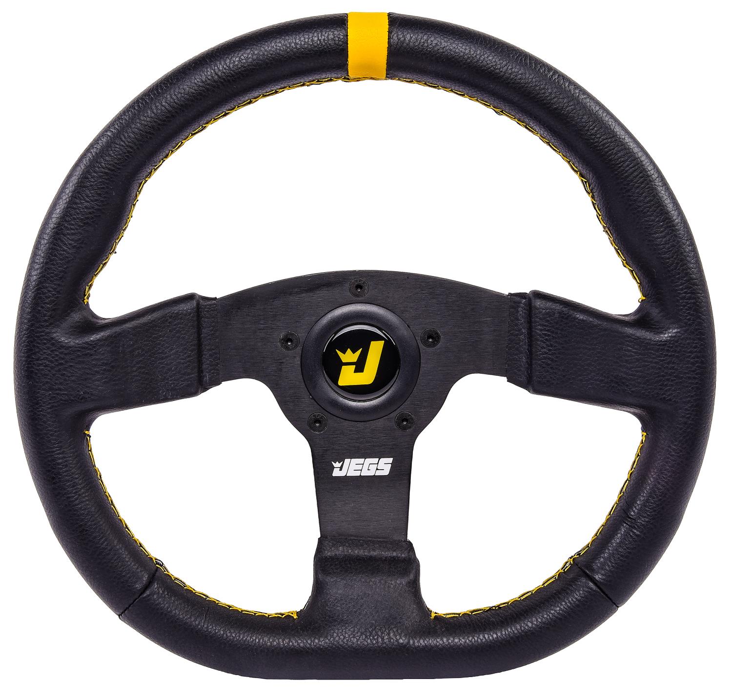 Premium Racing Steering Wheel, Black 3-Spoke with Black Wrap  [13 in. Dia. D-Shape]