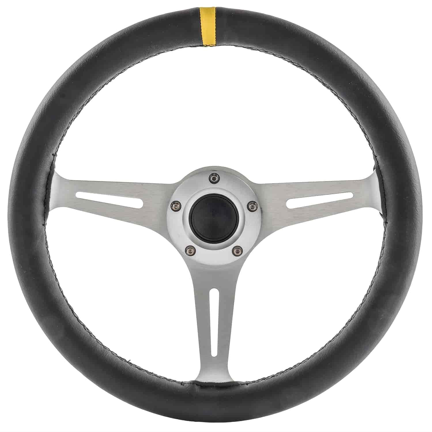 Aluminum Racing Steering Wheel, 13 1/2 in. Diameter, 2 in. Dish [Black Leather Full Wrap Grip with Yellow Center Marker]