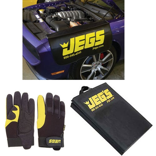 JEGS Pit Kit With Medium/Size 9 gloves, pit mat, and fender cover