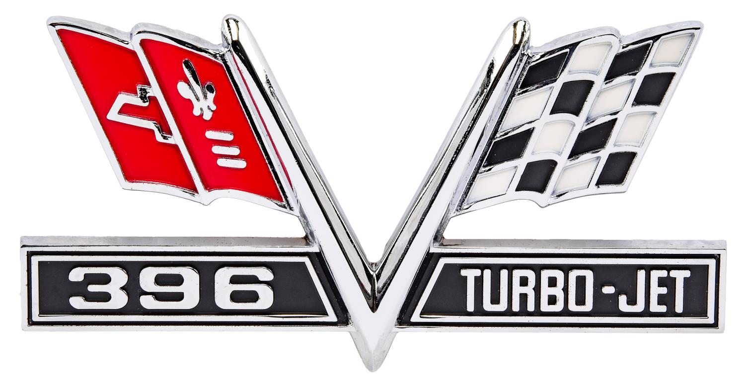 "396 Turbo-Jet" Cross Flag Fender Emblem for 1965-1967 Chevy Bel Air, Biscayne, Camaro, Chevelle, Corvette, El Camino, Impala