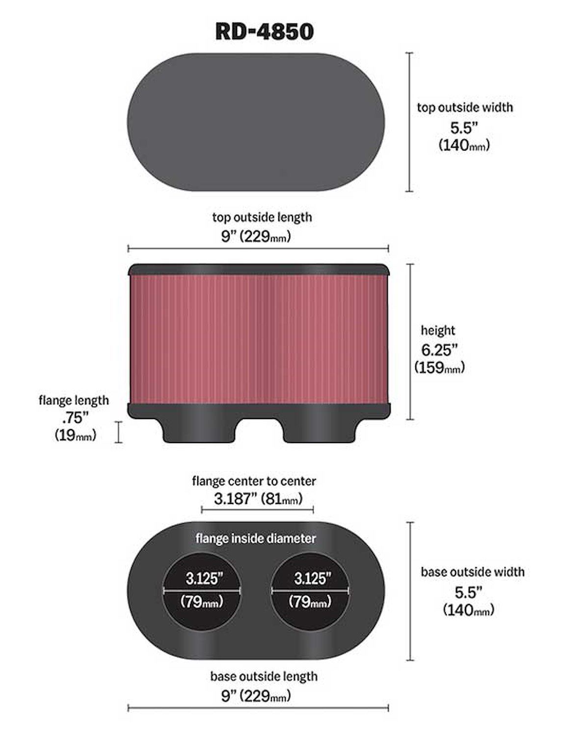 Dual Flange Oval Filter Flange inside Dia - F: 3.125" , 79mm