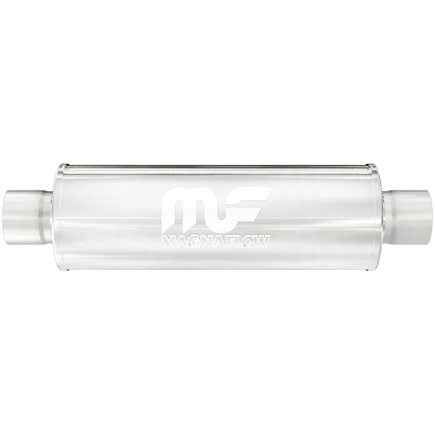 4" Round Muffler Center In/Center Out: 2.25" Body Length: 14" Overall Length: 20" Core Size: 2.5" Satin Finish