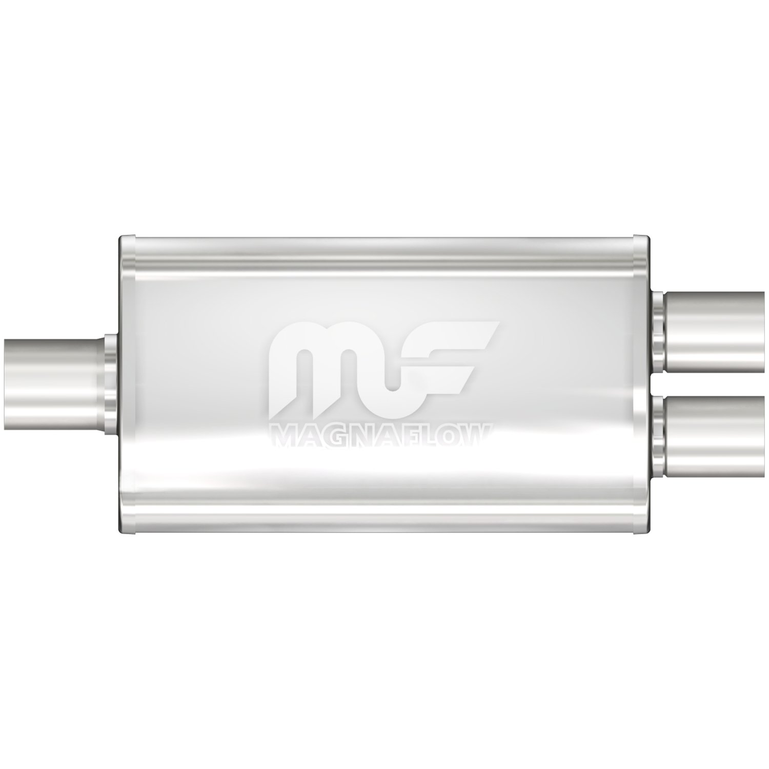 3.5" x 7" Oval Muffler Center In/Dual Out: 2.25"/2" Body Length: 14" Overall Length: 20" Core Size: 2" Satin Finish