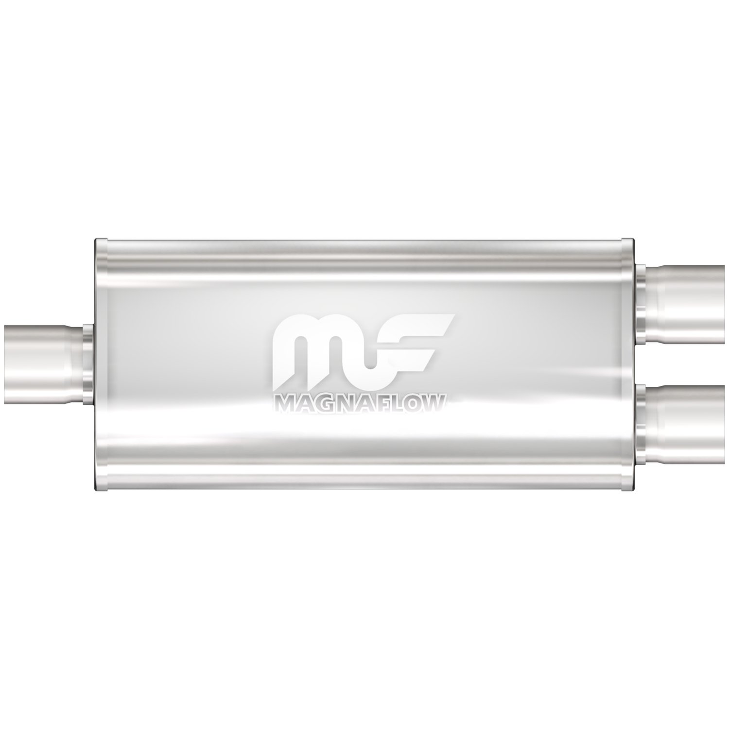 5" x 8" Oval Muffler Center In/Dual Out: 2.25"/2.25" Body Length: 14" Overall Length: 20" Core Size: 2.5" Satin Finish