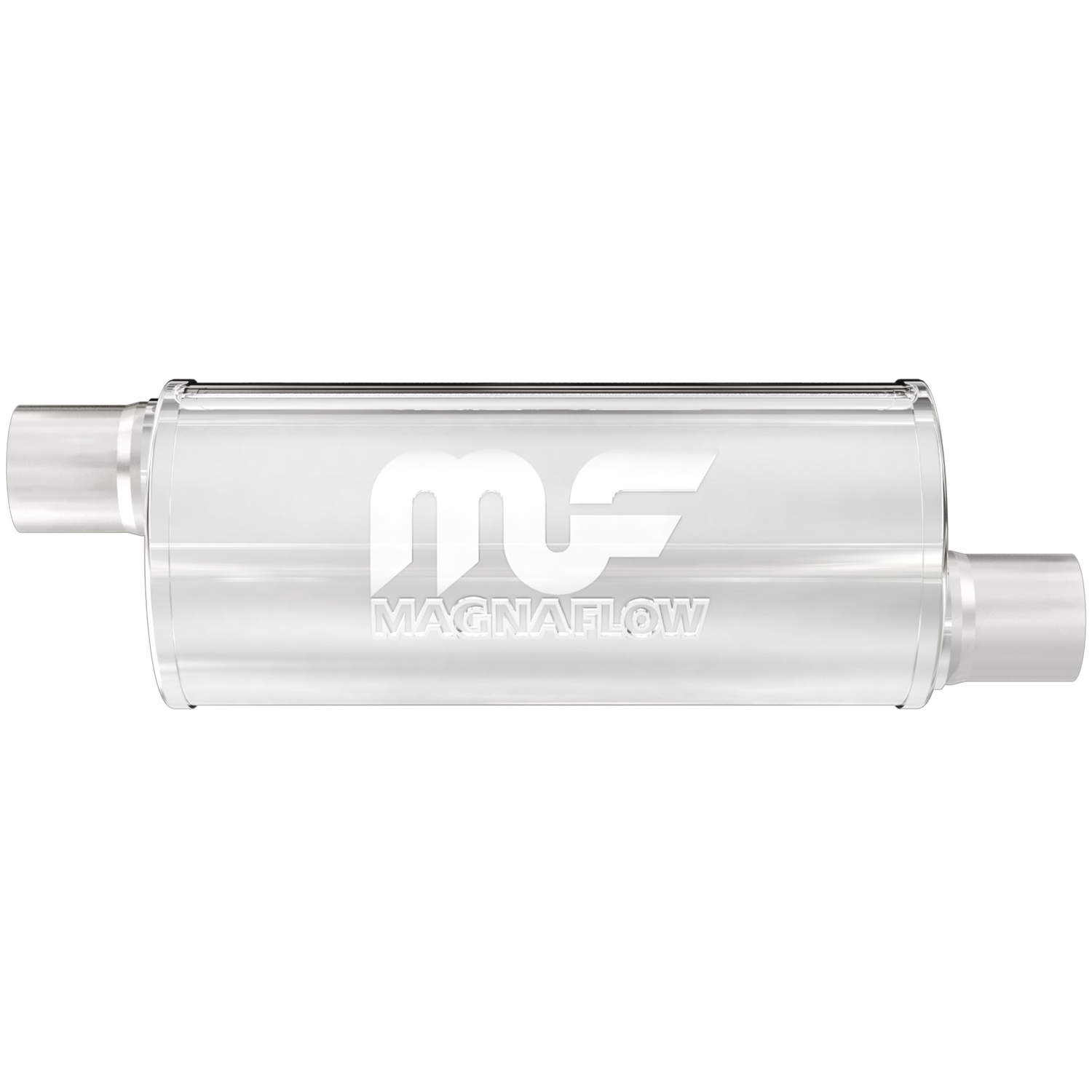 6" Round Muffler Offset In/Offset Out: 2"/2" Body Length: 14" Overall Length: 20" Core Size: 2.5" Satin Finish