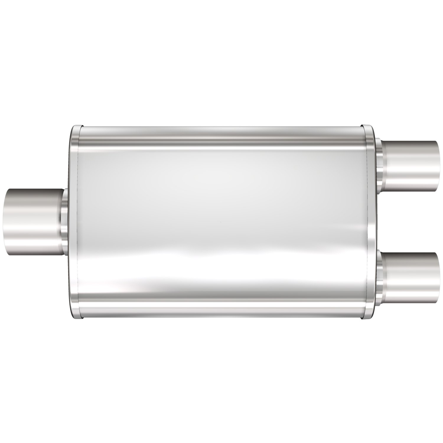 4" x 9" Oval XL 3-Chamber Muffler Single In/Dual Out: 2.25"/2" Body Length: 14" Overall Length: 20" Satin Finish