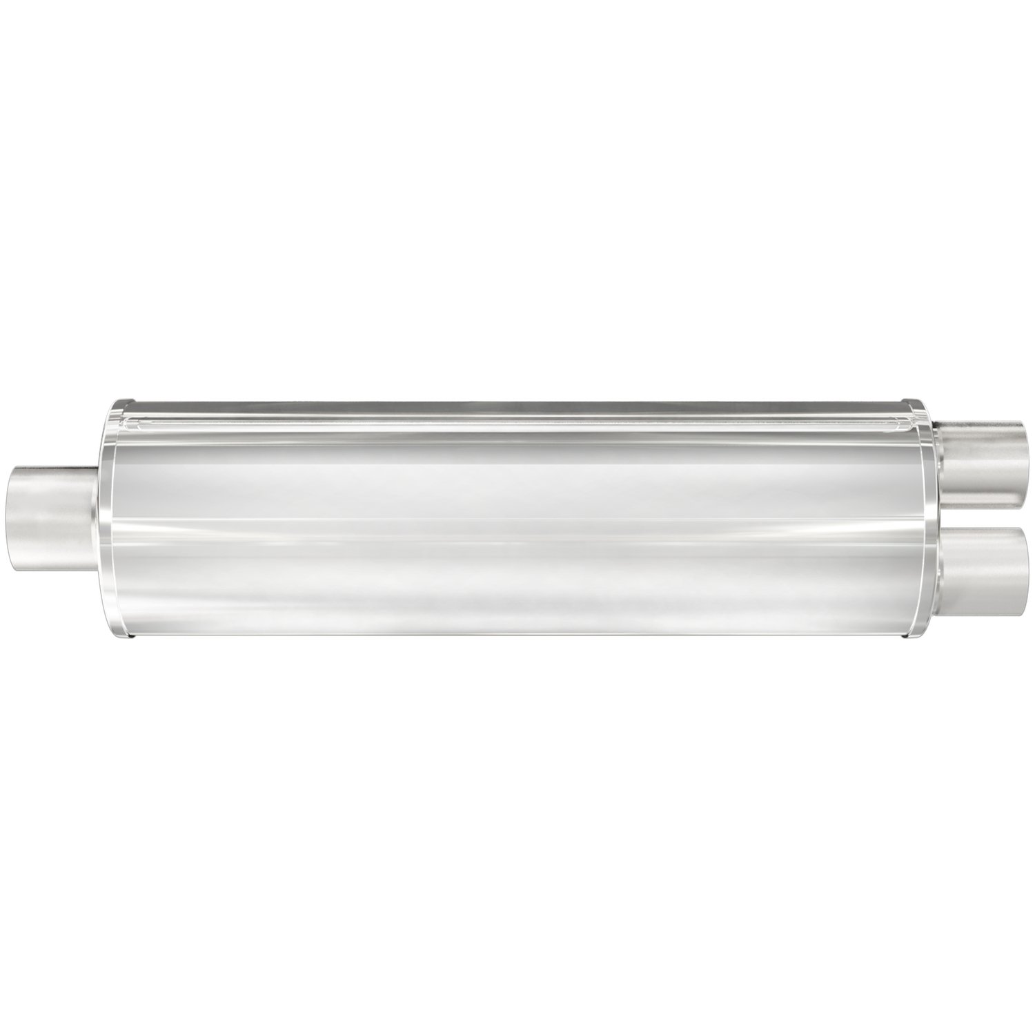 7" Round XL 3-Chamber Muffler Single In/Dual Out: 2.25"/2" Body Length: 24" Overall Length: 30" Satin Finish