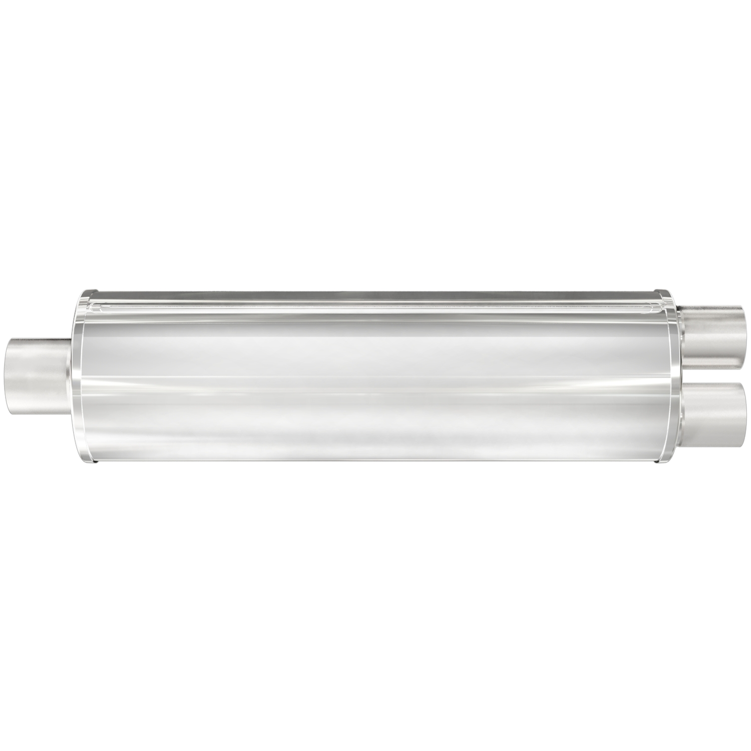 7" Round XL 3-Chamber Muffler Single In/Dual Out: 2.5"/2.5" Body Length: 27" Overall Length: 33" Satin Finish