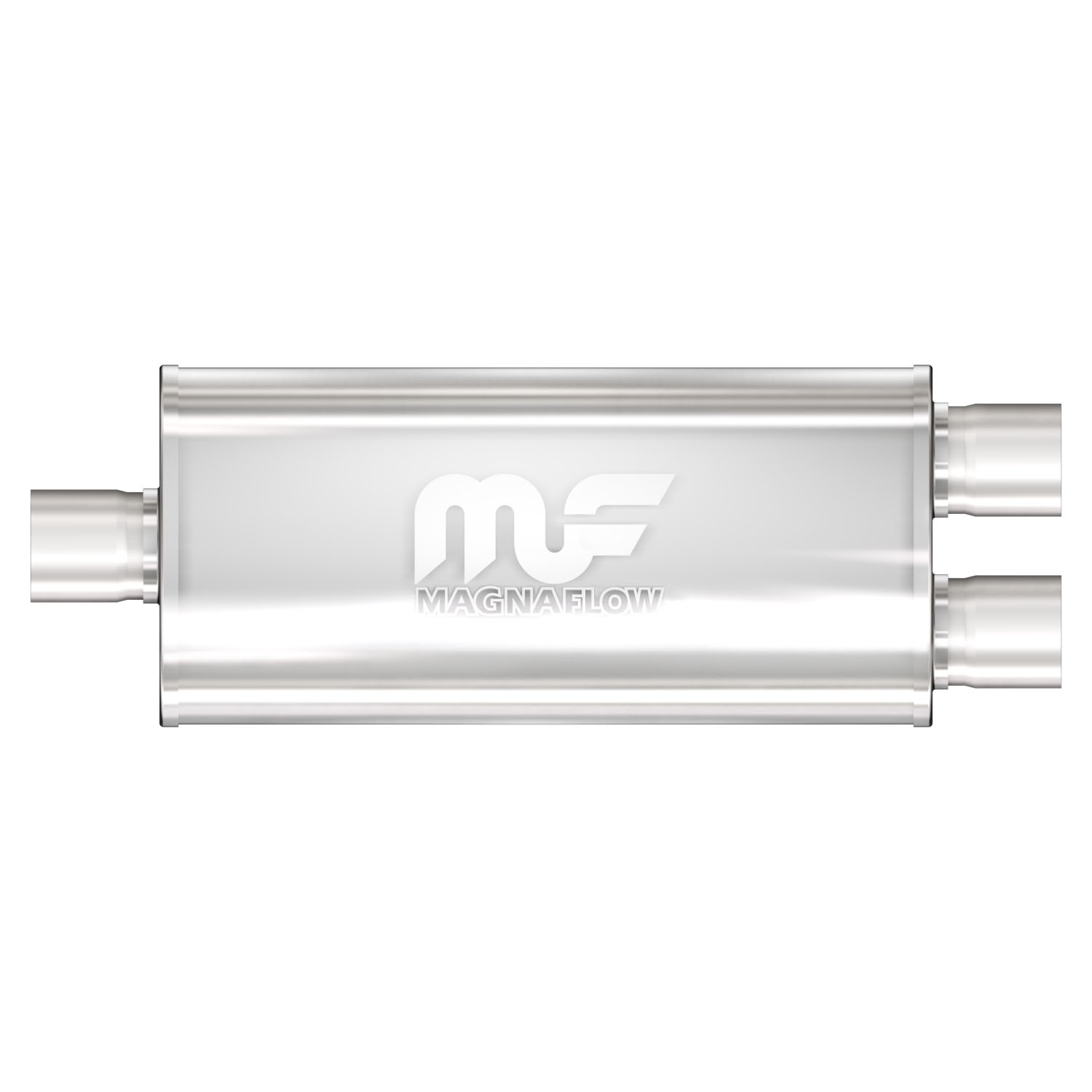 5" x 8" Oval Muffler Center In/Dual Out: 2.25"/2" Body Length: 14" Overall Length: 20" Core Size: 2.5" Polished Finish