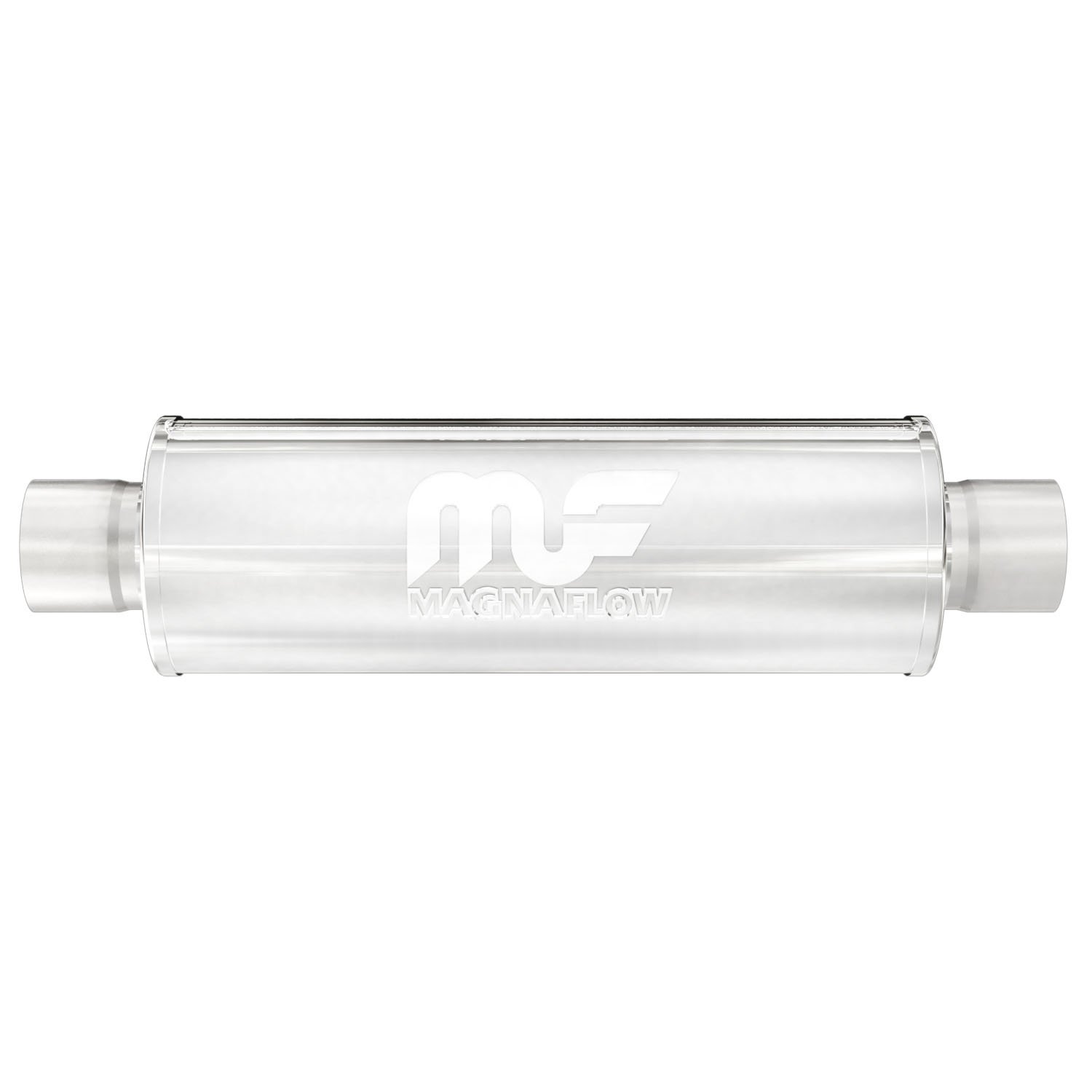 4" Round Muffler Center In/Center Out: 2.5" Body Length: 14" Overall Length: 20" Core Size: 2.5" Polished Finish Blemished