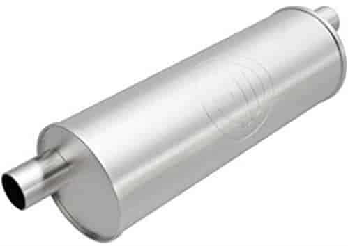 6" Round Body Universal Muffler Offset In/Offset Out - Same Side: 1.75"/1.75" Body Length: 16" Overall Length: 22"